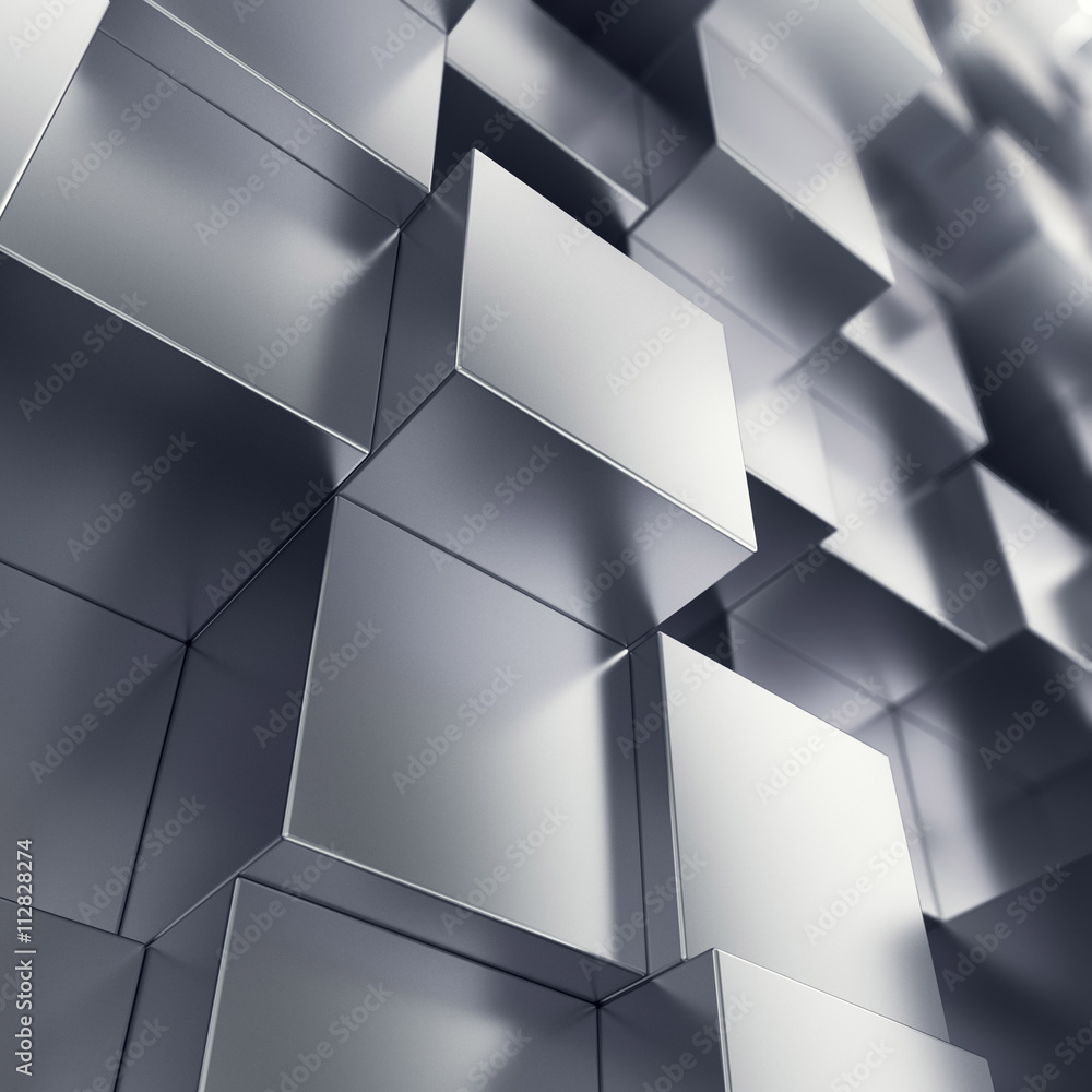 Poster abstract background from metallic cubes with focue effects. 3d illustration