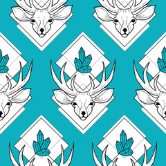 Deer head and crystals  on a blue background vector seamless pattern