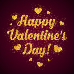 Happy Valentines Day golden glitter sign at dark red background