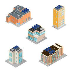 Isometric vector illustration set of solar powered buildings icons.
Modern buildings using renewable clean solar energy with sun.