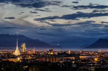 Turin (Torino) high definition panorama with all the city skyline including the Mole Antonelliana, the new skyscraper and the Sacra di San Michele in the background