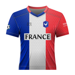 Soccer shirt in colors of french flag. National jersey for football team of France. Qualitative vector illustration about soccer, sport game, championship, national team, gameplay, etc