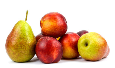 pears and nectarines on a white background.