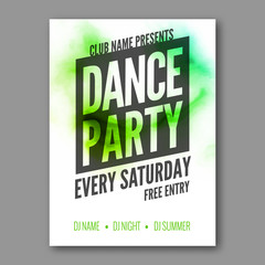 Dance Party Poster Template. Night Dance Party flyer. DJ session. Club party design template on dark colorful background. Dance party watercolor background.