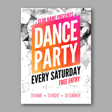 Dance Party Poster Template. Night Dance Party flyer. DJ session. Club party design template on dark colorful background. Dance party watercolor background.