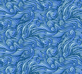print, seamless pattern of blue curls, cloud, waves, vector illustration