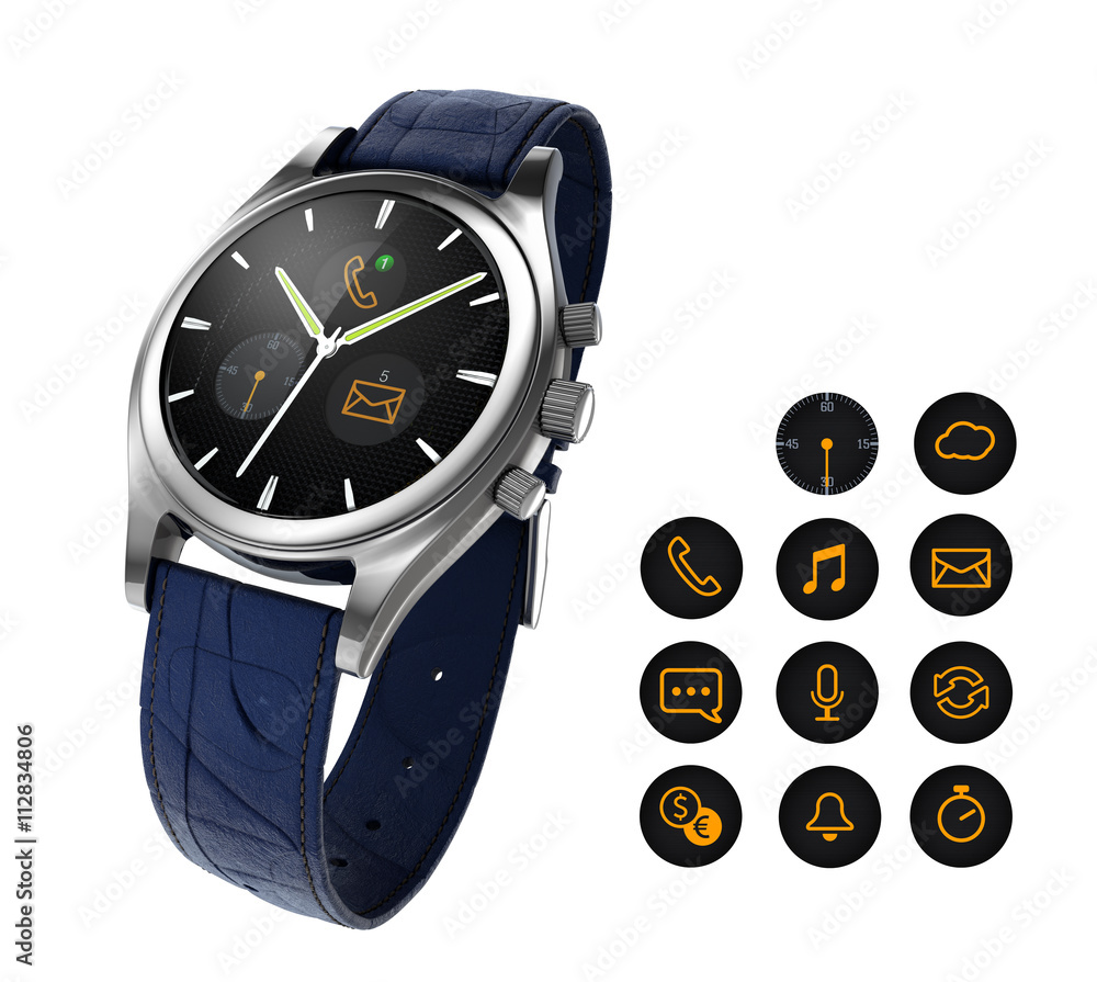Poster analog wristwatch with digital touch screen, blue leather wristband. notification icon available. 3d