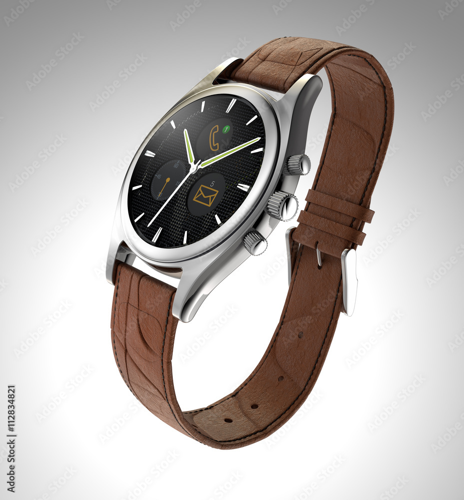 Poster analog wristwatch with digital touch screen, and brown leather wristband. 3d rendering image with cl