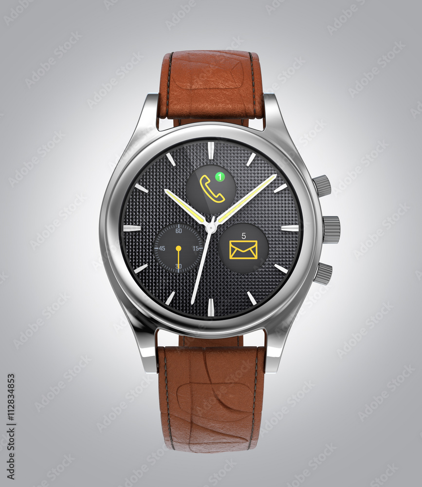 Aufkleber front view of analog wristwatch with digital touch screen, and brown leather wristband. 3d rendering