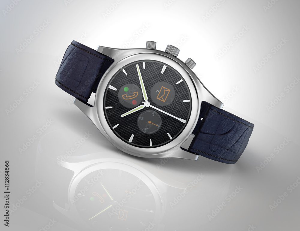 Poster analog wristwatch with digital touch screen, and blue leather wristband. 3d rendering image with cli