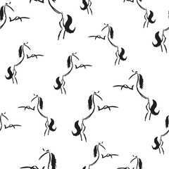 Seamless pattern with rearing stylized freehand horses. Vector illustration. Black and white wallpaper. Artistic grunge ink animal