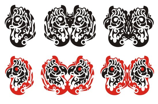 Tribal parrot head symbols. Parrot head and butterfly form haida style design