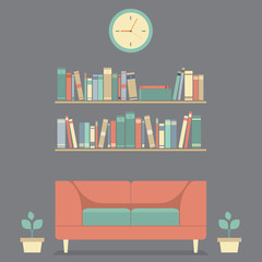 Flat Design Interior Vintage Sofa and Bookshelf.