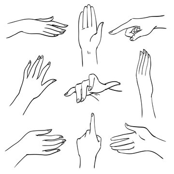 Set of hands and fingers in different positions and gestures, graphic sketch lines and strokes, black and white body part for illustrations, design diagrams and instructions, isolated vector objects