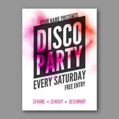 Disco Party Poster Template. Night Dance Party flyer. DJ session. Club party design template on dark colorful background. Dance party watercolor background.