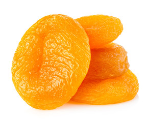 Dried apricots close-up on a white background.
