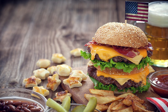 American 4th of July Double Cheeseburgers with copy space