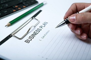 businesswoman filling business plan