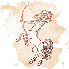 Rearing Centaur holding bow and arrow. Vintage style sketch.