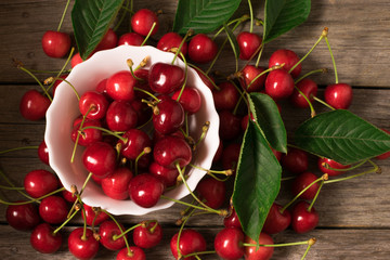 Fresh cherries in bowl on table