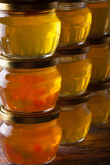 Bright yellow jam - dandelion flower honey. Selective focus. Sha