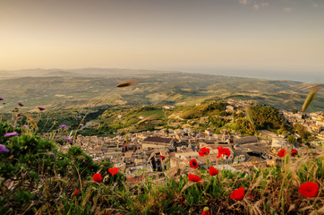 Mountain town Caltabellotta, Sicily, Italy in the sunrise