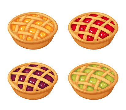 Vector set of four fruit and berry crumble pies isolated on a white background.
