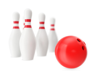 Naklejka premium Red bowling ball in the foreground with a blur effect. 3d illustration