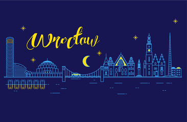 Panorama miasta Wrocław w nocy - obrazy, fototapety, plakaty