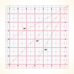 Square transparent ruler for quilting with inches scale, vector illustration