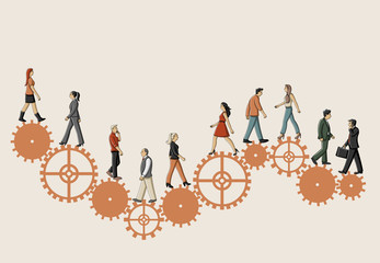 People over machine gear wheel. Cogwheel.