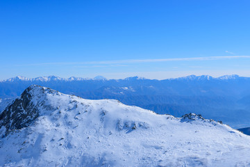 Ridge line of the Central Japan Alps in winter in Nagano, Japan