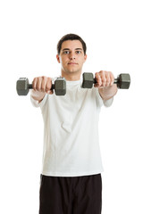 Fototapeta na wymiar Teen boy lifting weights isolated on white