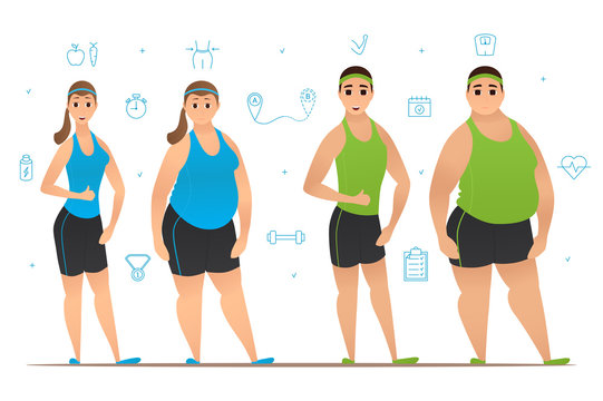 Set of cartoon characters with slim physique and with thick body. Weight loss before and after workouts. Vector illustration. Collection of sport icons.