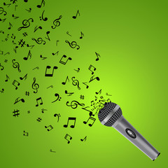 Fototapeta premium Abstract music background with notes and microphone. Musical backdrop. Music Notes isolated. Music microphone object