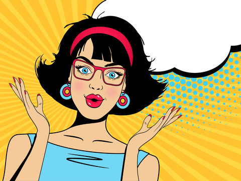 Wow pop art face. Sexy surprised girl with open mouth, glasses and speech bubble. Vector colorful background in pop art retro comic style.