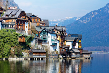 View of the Hallstatt from lake Hallstater See, Austria