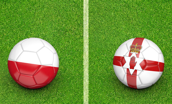 Team balls for Poland vs Northern Ireland football tournament match, 3D rendering