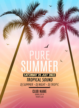 Tropic Summer Beach Party. Tropic Summer vacation and travel. Tropical poster colorful background and palm exotic island. Music summer party festival. DJ template.