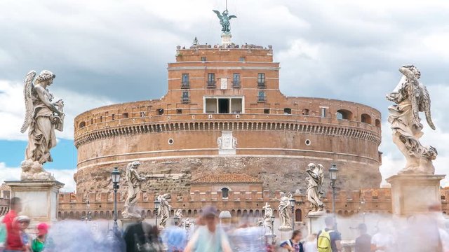 Saint Angel Castle Castel Sant Angelo and bridge Ponte Sant Angelo over the Tiber river timelapse, Rome, Italy