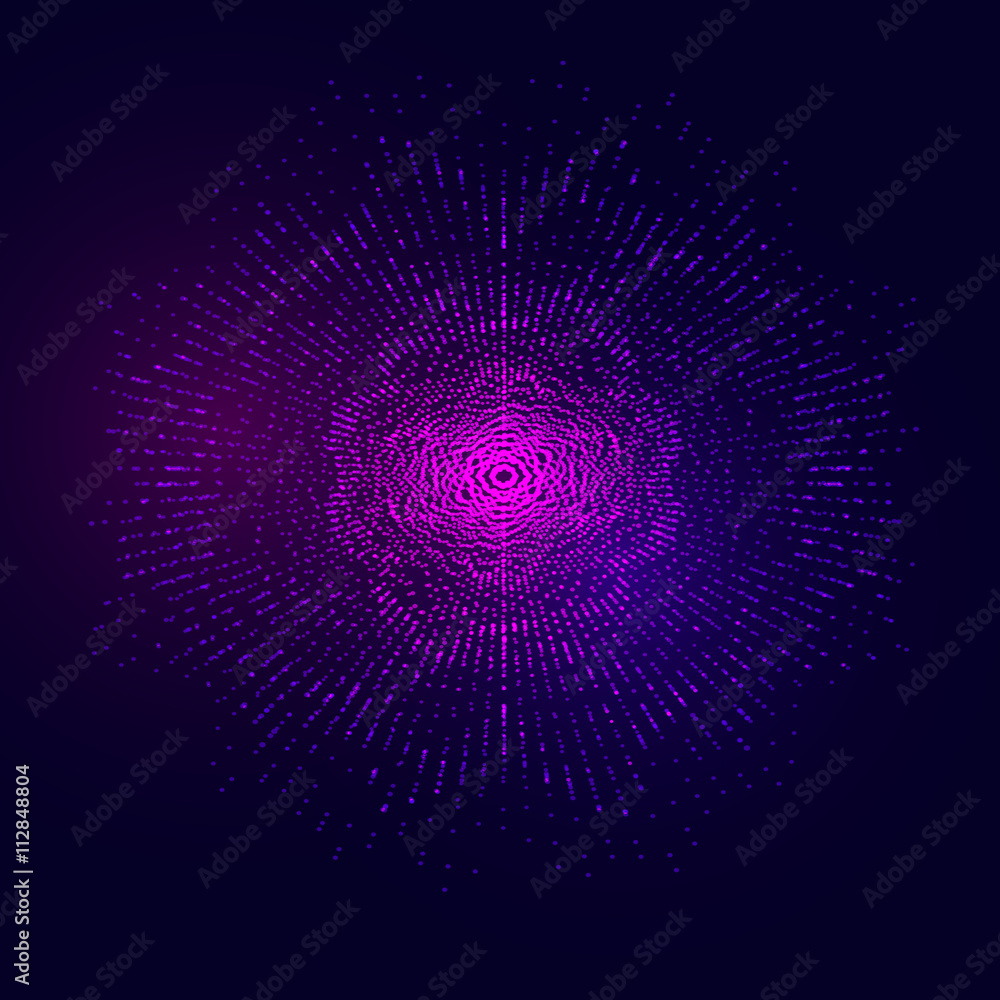 Poster abstract vector glowing wavy round shape of particles. futuristic hud. technology explosion concept