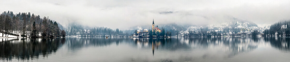 Panoramic view of Bled lake in the morning, Slovenia
