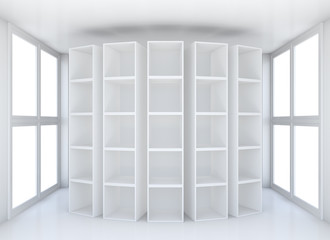 White clean hall with shelves and windows