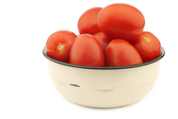 fresh and colorful italian roma tomatoes in an enamel bowl on a white background