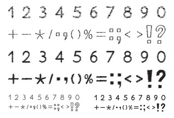 Set of numbers 1, 2, 3, 4, 5, 6, 7, 8, 9, 0, mathematical and punctuation signs, stylized,  black isolated on white background, vector illustration.