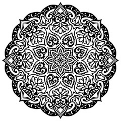 Ornamental round lace pattern, circle background with many details, ornate mandala style. Ethnic tribal background. Invitation, wedding card, scrapbooking.