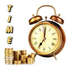 Antique clock and coins isolated on white