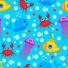 Fototapeta na wymiar Underwater life pattern, Seamless colorful pattern, cartoon heroes, bright colors