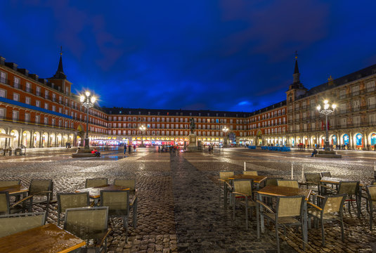 Night view of Plaza Mayor in Madrid , Spain