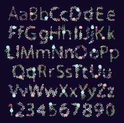 Vintage Style Vector Floral Alphabet with Uppercase and Lowercase Letters, and Numbers